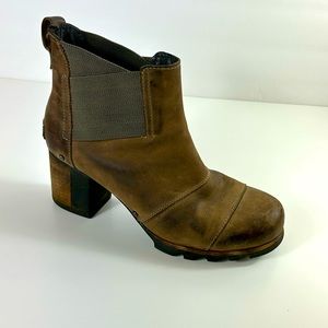 Sorel Addington Chelsea Tan Ankle Block Heel Leather Waterproof Boots